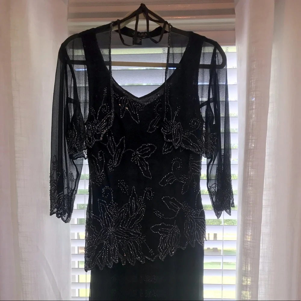 Long navy evening gown with sheer beaded overlay and sheer short jacket - Picture 1 of 8
